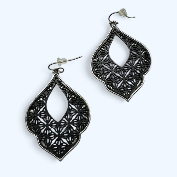 Black and Silver Tone Pierced Statement Earrings Dangling Large Lace-like Gothic - Picture 1 of 4
